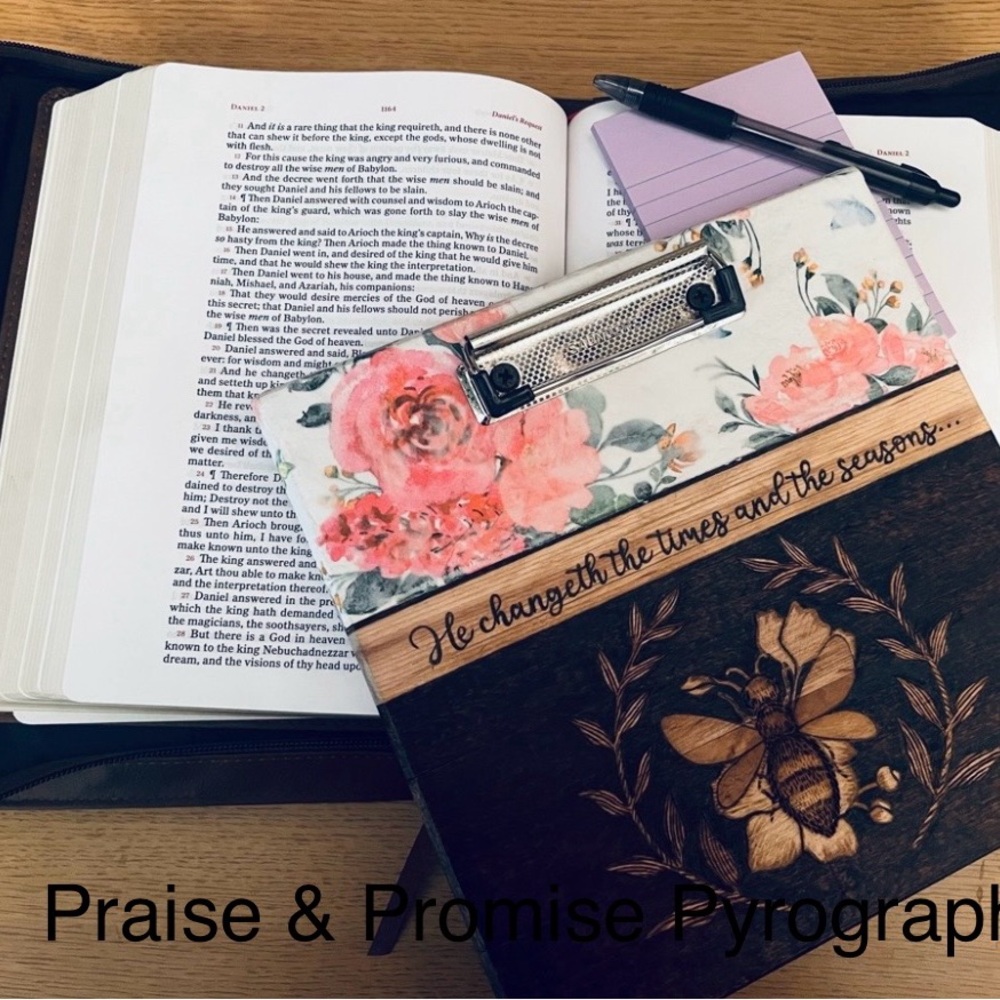 Custom, Hand-Burned Floral & Bee Design Clipboard Featuring Daniel 2:21 NFS
